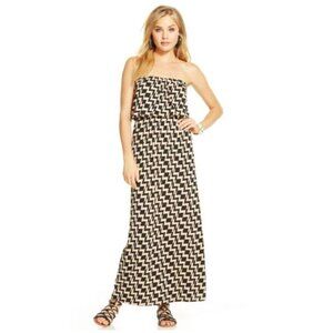 Size‎ Medium NEW NAVY BLUE/TAN GEOMETRIC PRINT STRAPLESS BLOUSON MAXI DRESS